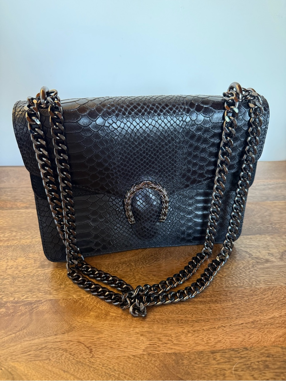 Italian Black Leather Snake Embossed Chain Shoulder Bag (Made in Italy)